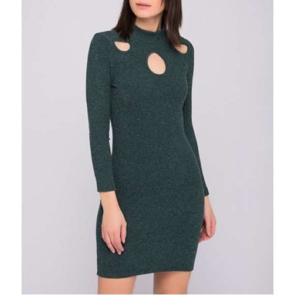 Cotton Mode Dresses & Skirts - Hunter Green Cutout Long Sleeve Sweater Dress